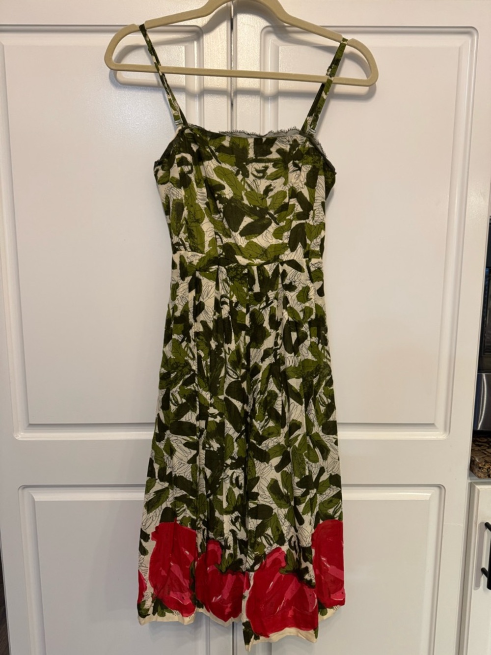 Green Leaf Print Sundress with Red Floral Border